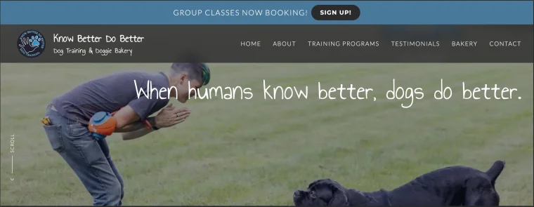 Know Better Do Better Dog Training website homepage
